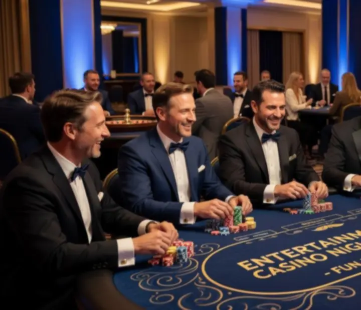 Kaszinó rendezvény neonfényes blackjack és rulett asztalokkal vállalati eseményen