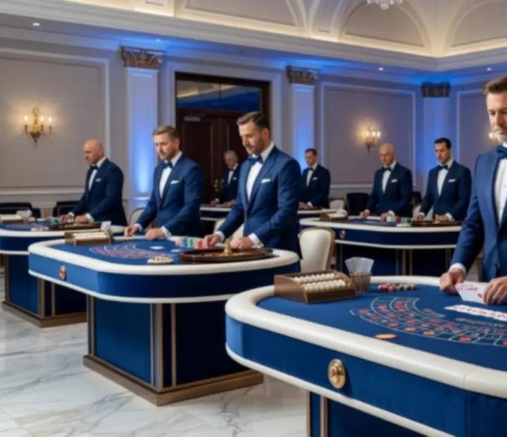 Elegáns, fényárban úszó corporate gala terem kaszinó asztalokkal
